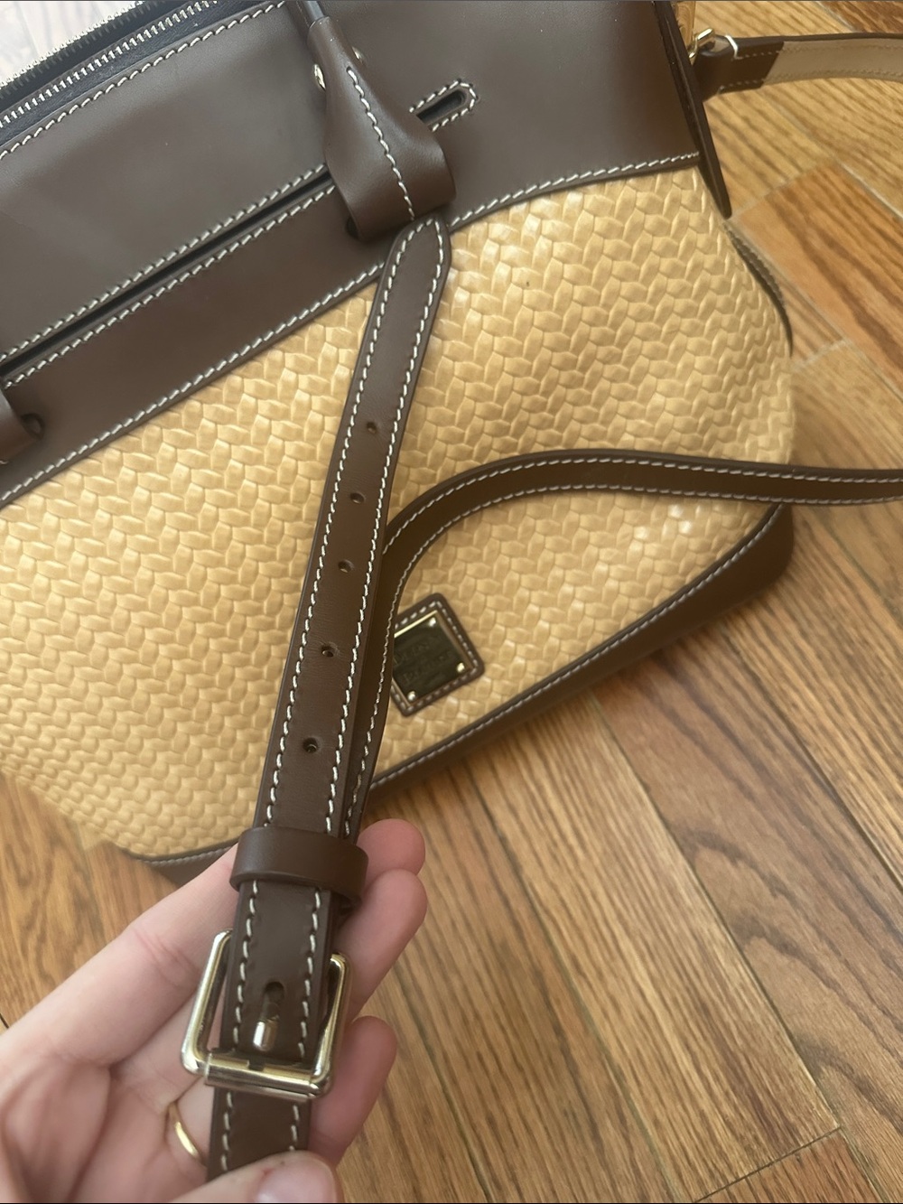 Dooney & Bourke Brown and Tan Woven Satchel With Gold Plaque - Picture 3 of 16